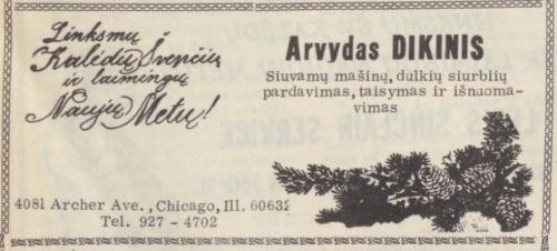 Arvydo Dikinio verslo reklama laikraštyje Laisvoji Lietuva 1969 m.