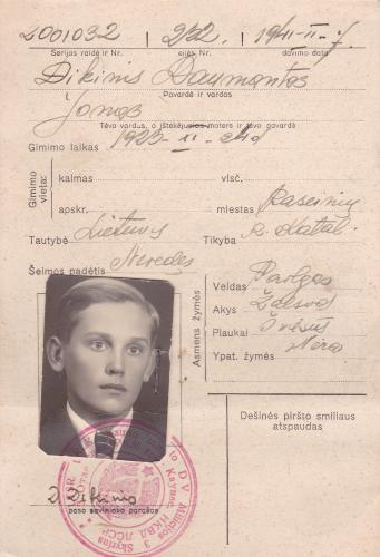 Daumanto Dikinio paso kortelė. Saugoma KRVA